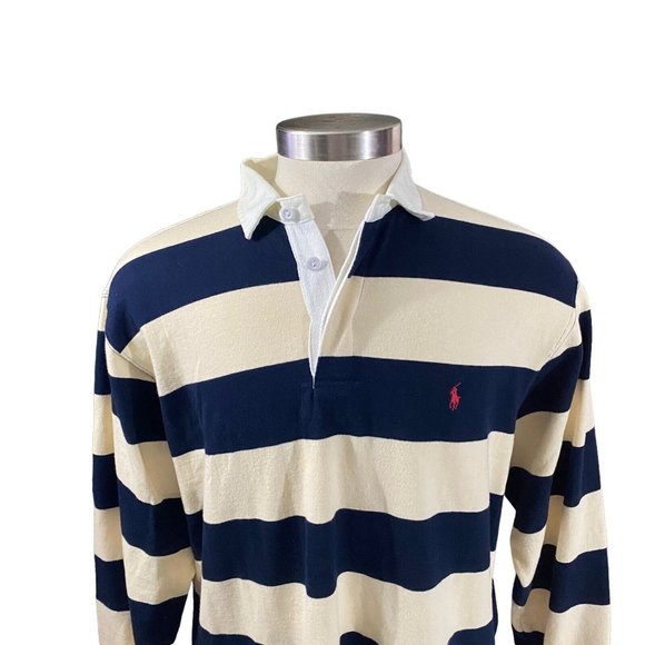 Ralph Lauren Polo Men Cream Navy Striped Red Pony Long Sleeve Rugby Polo Sz L - Picture 2 of 10